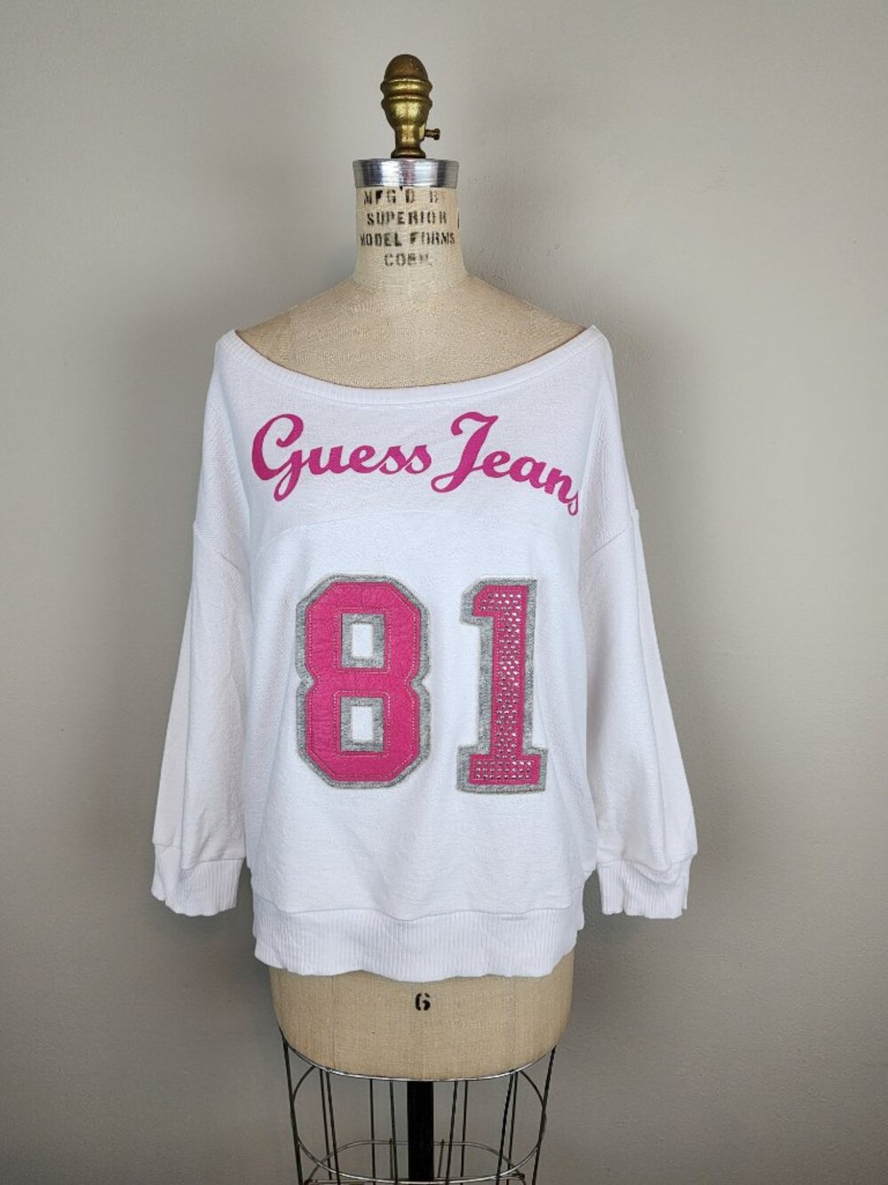 Vintage 1990's Style Guess White & Hot Pink Off the Shoulder Sweatshirt NWT